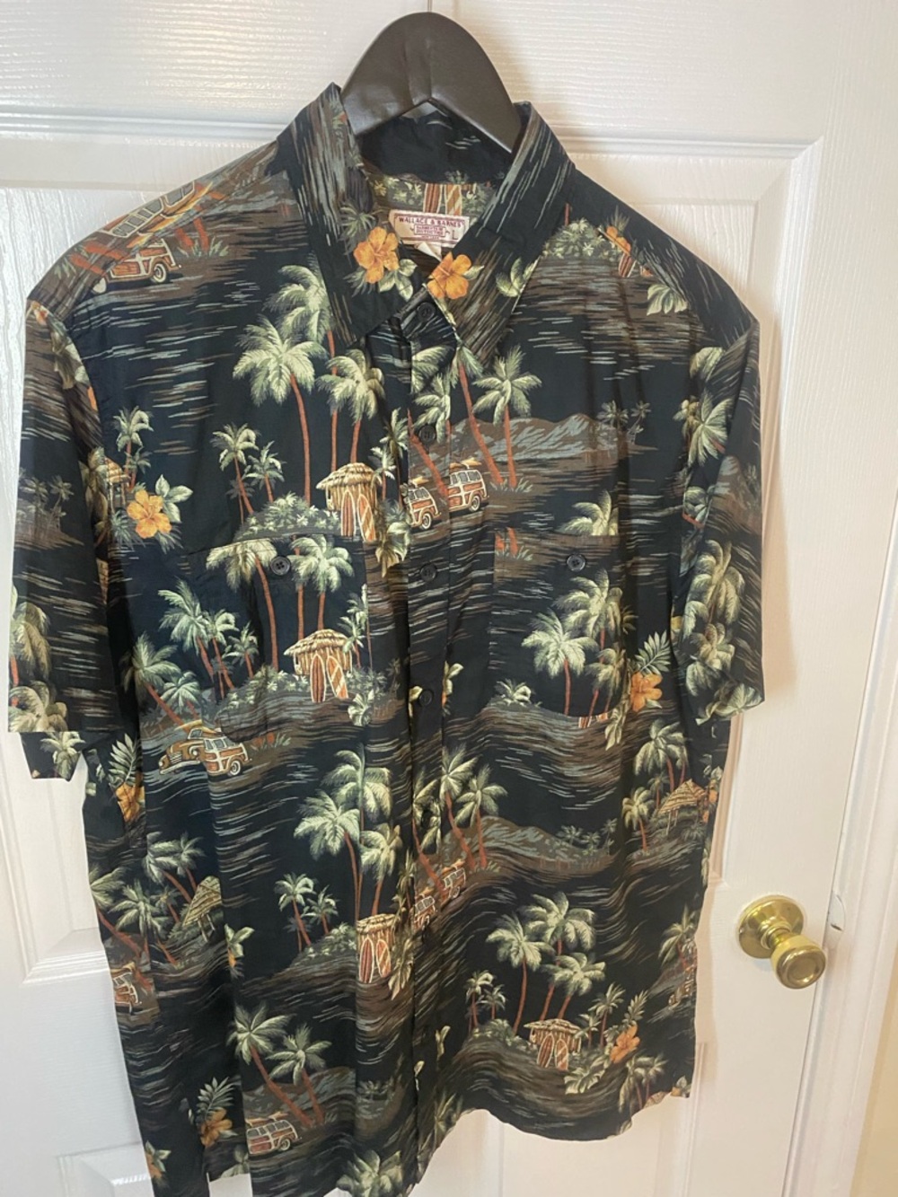 J. Crew Black Hawaiian Shirt with Green Palms and Tan Accents